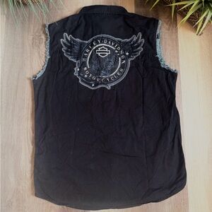 Harley-Davidson Sleeveless Black Denim Shirt Eagle Logo Biker Cutoff Vest Men M